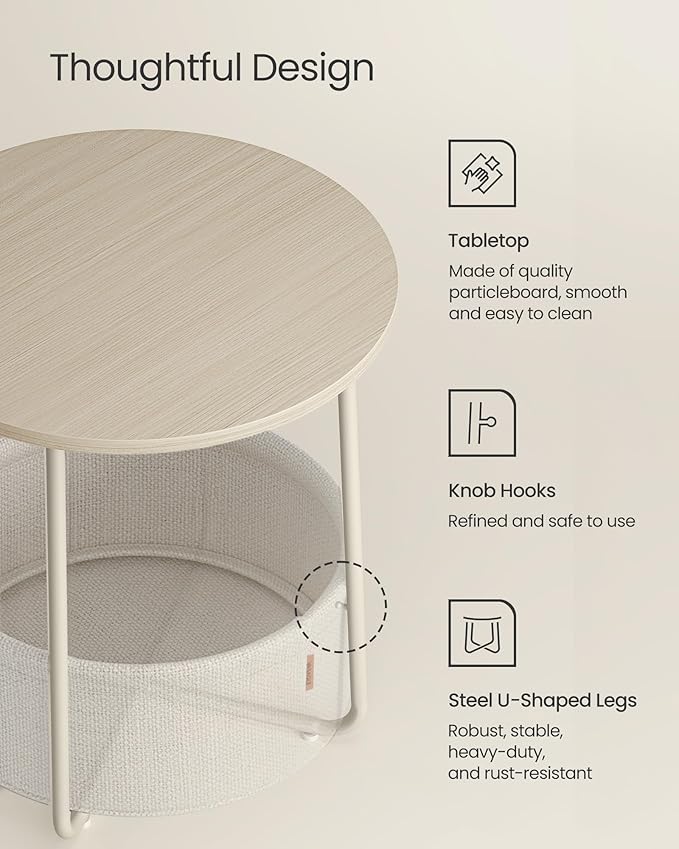 VASAGLE LILEA Collection - Small Round Side End Table, Modern Nightstand with Fabric Basket, Cream White ULET223K67