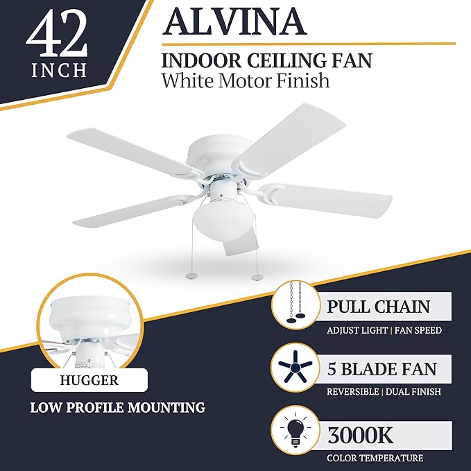 Prominence Home Alvina Traditional 42 Inch Ceiling Fan with Light, LED Flush Mount Ceiling Fan, Indoor Fan with 5 Blades, White and Gray Oak Blade Finish Options, White (80092-01)