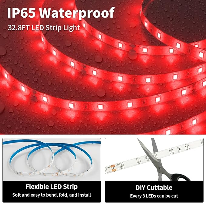 iNextStation 32.8ft/10M Red LED Strip Light, 24V 2835 SMD 600 LEDs Flexible Cuttable Waterproof LED Tape Light for Bedroom Kitchen Cabinet Wardrobe TV (No Plug)