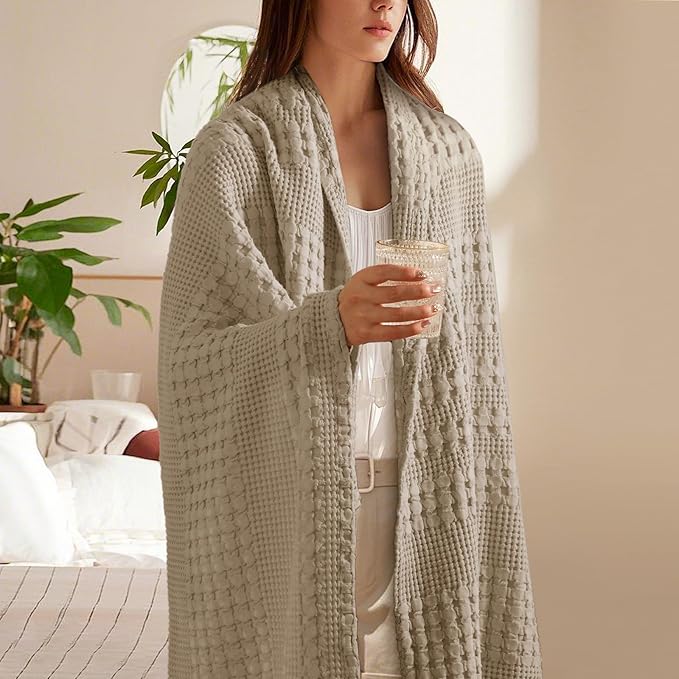 PHF 100% Cotton Waffle Weave Throw Blanket, Soft Lightweight Breathable Cozy Throws for Couch Bed Sofa, Luxury Aesthetic Woven Blanket for Home Decor & Office, 50"x60", Taupe