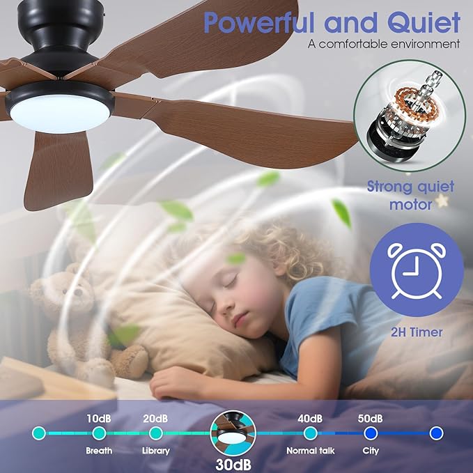 52 Inch Modern Ceiling Fans with Lights, Flush Mount Ceiling Fan with Light and Remote/APP Control, 5 Reversible 6 Speeds Curved Blades, 3 CCT Dimmable Lights for Kids Room, Brown