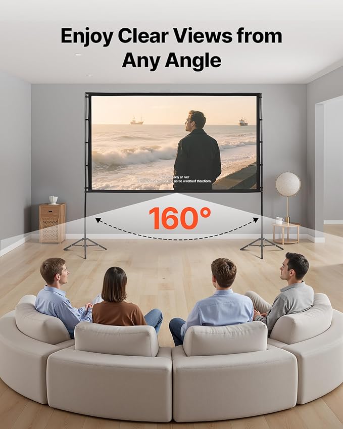 VEVOR Projector Screen with Stand, 100 Inch 160° Wide Angle Indoor Outdoor Projection Screen, 16:9 4K HD Wrinkleless Portable Dual-Tripod Screens with Carry Bag, for Movie Home Theater Presentation