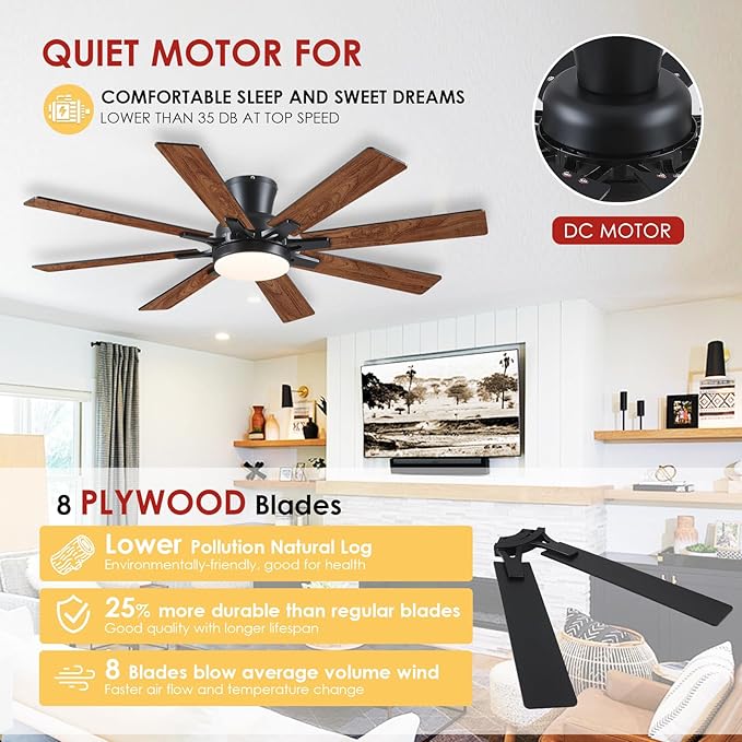 Ceiling Fans with Lights- 52" Low Profile Indoor Ceiling Fan with Light and Remote/APP Control, 8 Blade,Flush Mount, LED Dimmable DC Reversible Modern Ceiling Fan for Bedroom（Brown）