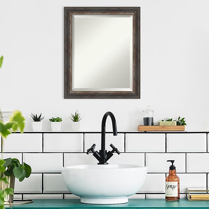 Amanti Art Brown Bathroom Mirror for Over Sink, 23x19 Bark Rustic Char Narrow Rectangle Vanity Mirror, Small Country Rustic Frame, Hangs Horizonally and Vertically, Bathroom Wall Decor, Beveled Edge