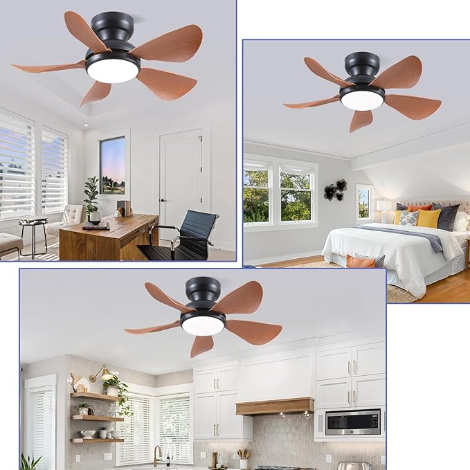 32 Inch Modern Ceiling Fans with Lights, Small Flush Mount Ceiling Fan with Light and Remote/APP Control, 5 Reversible 6 Speeds Curved Blades, 3 CCT Dimmable Lights for Kids Room, Brown