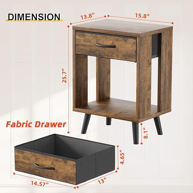 GYIIYUO Nightstands Set of 2 with Fabric Storage Drawer and Open Wood Shelf, Side Table with Storage for Bedroom, Night Stand with Drawer for Bedroom, Bedside Tables - 15.8" D x14 W Rustic Brown