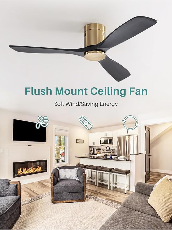 Sofucor 52 Inch Solid Wood Ceiling Fan Without Lights Flush Mount Ceiling Fans with Remote Control-Wood Blades Modern Outdoor Ceiling Fan No Light for Bedroom/Farmhouse/Patio/Indoor, Black Gold