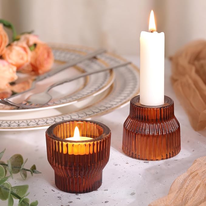 12pcs Amber Glass Candlestick Holders, Taper Candle Holders Tea Light Candle Holder for Wedding Centerpieces Table Decorations, Votive Candle Holders for Table Decor