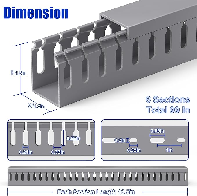 ZhiYo H1.6in W1.2in Professional Server Rack Cable Management Raceway, 99in (6X L16.5in) Cable Raceway Kit, Electrically Safe PVC Open Slot Wire Raceway for Under Desk/Computer/Network Cords, Grey