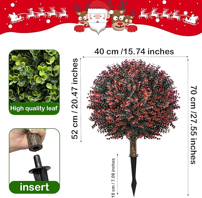 2 Pack Xmas Artificial Boxwood Topiary Ball Tree with Spike Christmas Yard Decoration, 24" Outdoor Faux Shrub Bushes Topiaries Plant, UV Resistant Fake Boxwood Plants for Porch Potted Planter Pathway