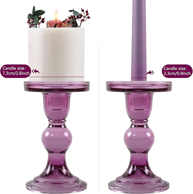 GMWD 3 Pcs Glass Candle Holder Set Clear, Purple Candlesticks Holders Pillar Taper Candles Tealight Stand for Wedding Centerpieces Home Decorations Dining Table
