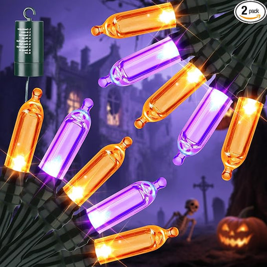 LYHOPE Orange Purple Halloween Lights Indoor, 2 Pack Total 66ft 200 LED Battery Halloween Light with 8 Mode, Timer, Waterproof Battery Operated String Lights for Home Tree Wreaths Party Holiday Decor