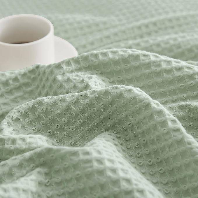 PHF Pre-Washed Cotton Waffle Weave Blanket Throw Size for Couch Bed,Snag Proof Spring Summer,Lightweight Breathable,Oeko-TEX Certified,Machine Washable, Home Decor Gift，Sage Green