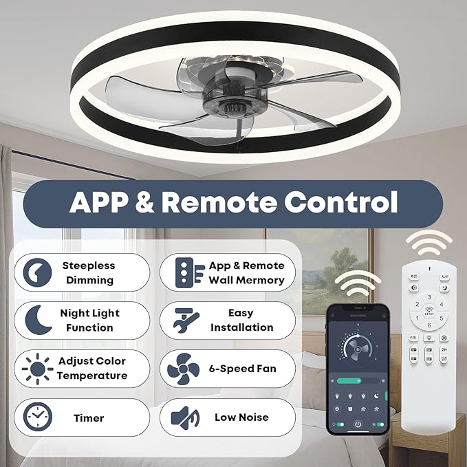 Ceiling Fan with Light, Upgraded 20‘’ Low Profile Fan, Flush Mount Ceiling Fan, 6 Speeds, Dimmable LED, App & Remote Control, Quiet DC Motor, for Bedroom, Living Room, F105 Black-D