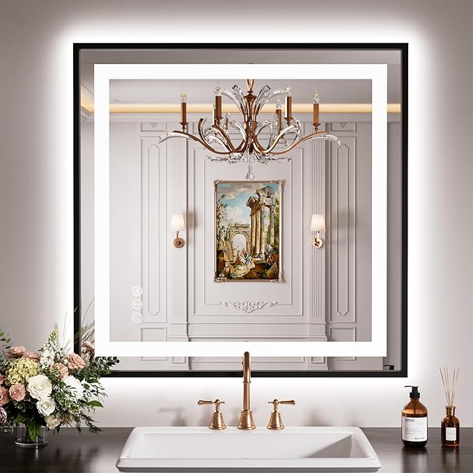 LED Bathroom Mirror,36"x36" Mirror with Black Frame, Front Light and Backlit, Stepless Dimmable, Anti-Fog, Shatter-Proof, Memory, 3 Colors, Double LED Vanity Mirror