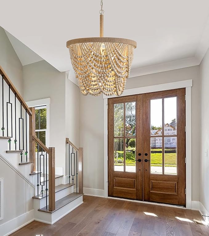 Q&S Boho Wood Beaded Chandelier,Farmhouse Coastal Large Bohemia 5 Lights for Dining Room Kitchen Living Room Entryway Foyer Hotel W19.9 UL Listed