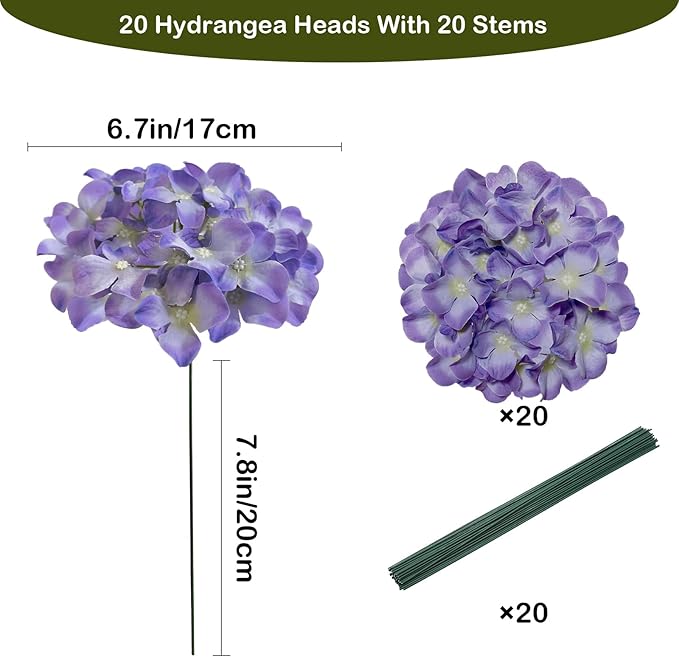 Hydrangea Artificial Flowers, 20 Pcs Purple Hydrangea Artificial Flowers Bulk, Faux Hydrangea Flowers for Outdoor, Fake Silk Hydrangea Flowers with Stems for Wedding Decoration Decor