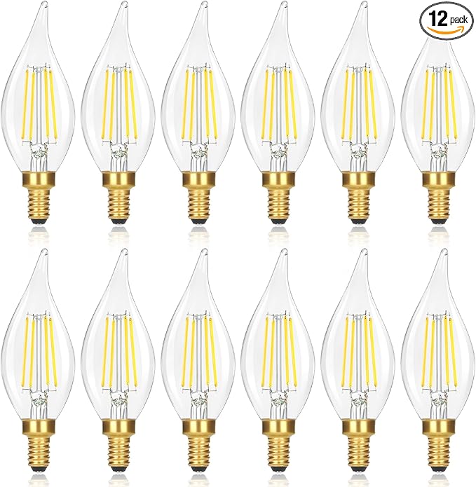 12-Pack Dimmable E12 LED Candelabra Bulbs 60 watt Equivalent, 5000K Daylight White Dimmable Chandelier Light Bulbs, 6W 630LM Vintage Flame Tip E12 LED Candle Bulb