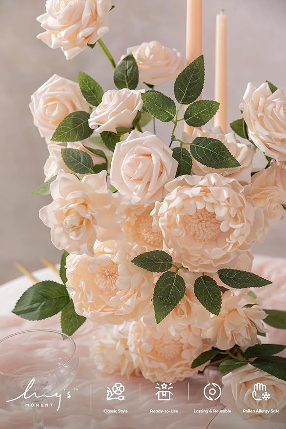 Ling's moment Artificial Flowers Fake Roses Gardenia Faux Foam Peony Combo for DIY Wedding Bouquets Centerpieces Arrangements Bridal Shower Party Home Decorations, Blush, 23pcs