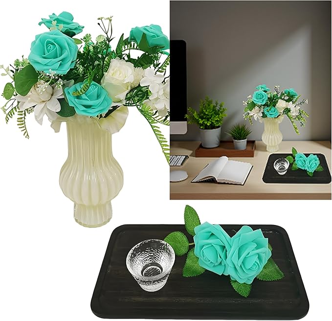 Artificial Rose Flowers 25pcs, Turquoise Blue Foam Fake Rose Faux Flower for Wedding Bouquets Bridal Shower Centerpieces Floral Arrangements Home Decorations Party Backdrops Table