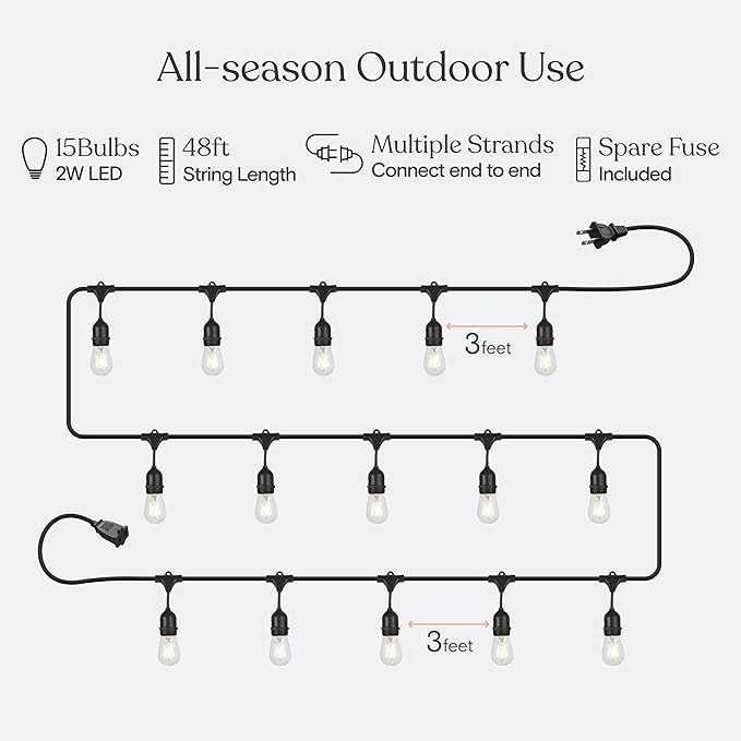 Brightech Ambience Pro - Waterproof LED Outdoor String Lights - Hanging, Dimmable 2W Vintage Edison Bulbs - 48 Ft Commercial Grade Patio Lights Create Cafe Ambience in Your Backyard