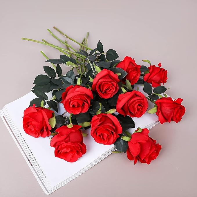 JUSTOYOU 8PCS Red Roses Artificial Flowers Realistic Long Stem Fake Roses Bouquet, Faux Silk Flowers for DIY Bouquets Wedding Centerpieces Arrangements Home Party Decor