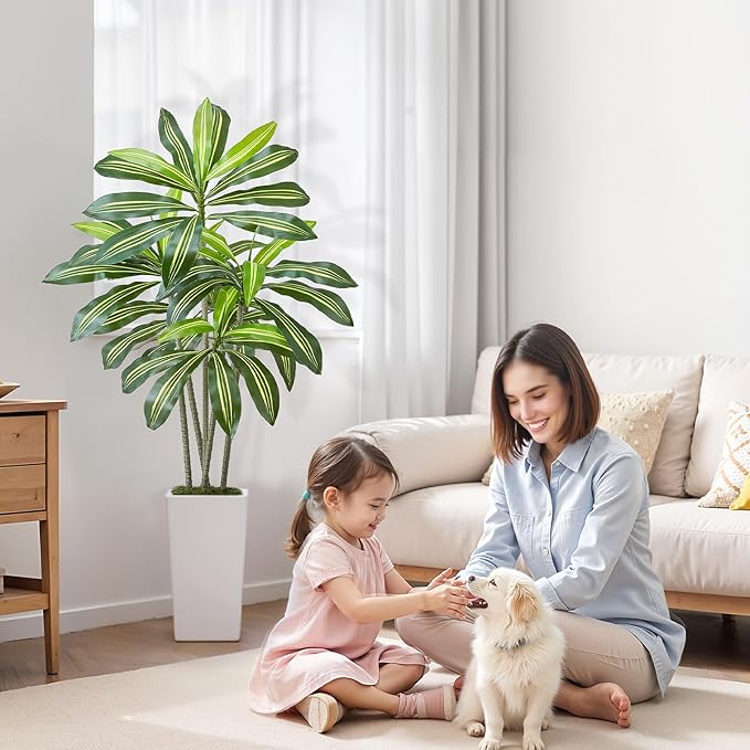 VEVOR Artificial Dracaena Tree 5 ft, Fake Palm Tropical Plants with White Tall Planter, Faux Floor Silk Plant in Pot, Large Trees for Home Office Living Room Decor House Warming, Indoor Outdoor