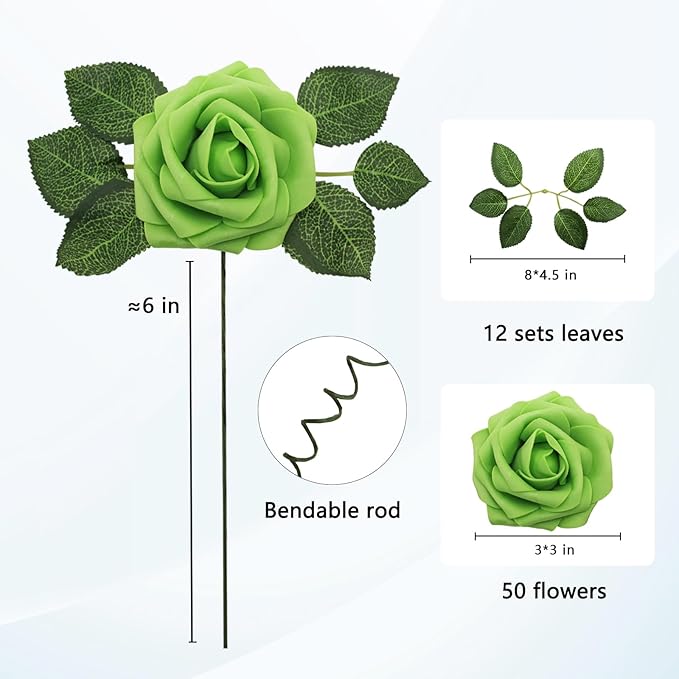 JOYLEX Artificial Flowers Realistic Roses, 50pcs Real Looking Fake Roses with Stem for DIY Wedding Bouquets Centerpieces Bridal Shower Party Home Romantic Decorations (Regular 3" - 50pcs, Green)