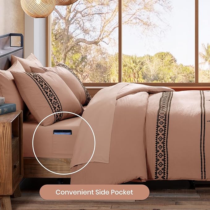 MaiRêve Embroidery Full Size Comforter Set Dusty Pink, Farmhouse Western Boho Bedding Set 7 Pieces, All Season Bed in A Bag Comforter Set with Sheets, Pillowcases & Shams