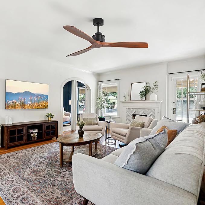 Sofucor 60 Inch Ceiling Fan No Light, Indoor/Outdoor Ceiling Fans Without Lights Remote Control, Reversible DC Motor, 6 Speed, Timer, 3 Blade Solid Wood Ceiling Fans for Bedroom Patio Farmhouse