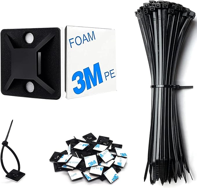 50 Set Cable Zip Tie Self Adhesive Mounts Kit with 6" Zip Ties, 3/4" Wire Holders Squares, Screws - Sticky Wire Fasteners Cable Clips Management Anchors Organizer
