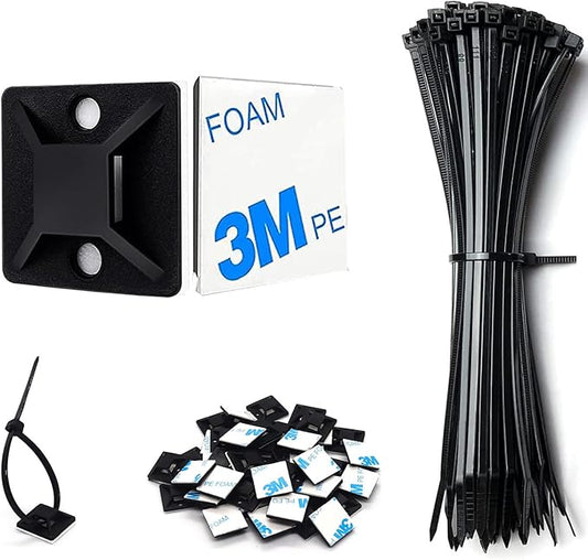 Strong Back-Glue Self Adhesive Cable Zip Tie Mounts Kit - 50 Set Cable Management Clips with 6" Zip Ties, Wire Holders - Outdoor Sticky Wire Organizer Clips-Black (50 Set, Black)