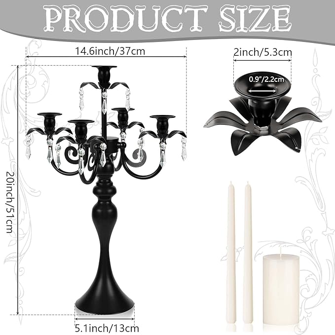20''Tall Crystal Pendant Taper Candle Holders/Stylish Candle Stands/Candlesticks Holder/Candelabra for Home Decor, Weddings/Parties/Elegant Dining Table Centerpiece (4, Black, 5 Arm)