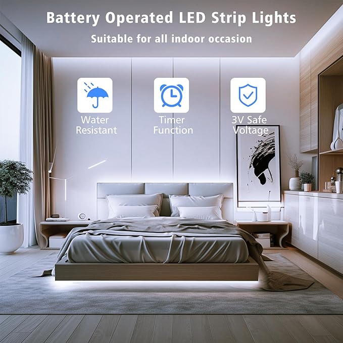 LED Strip Lights Battery Operated, 9.8ft 90 LED Strip Lights with Remote Control Timer Dimmable, Waterproof Flexible Lights Strip for Indoor Outdoor Table Bedroom Boat Kitchen - White