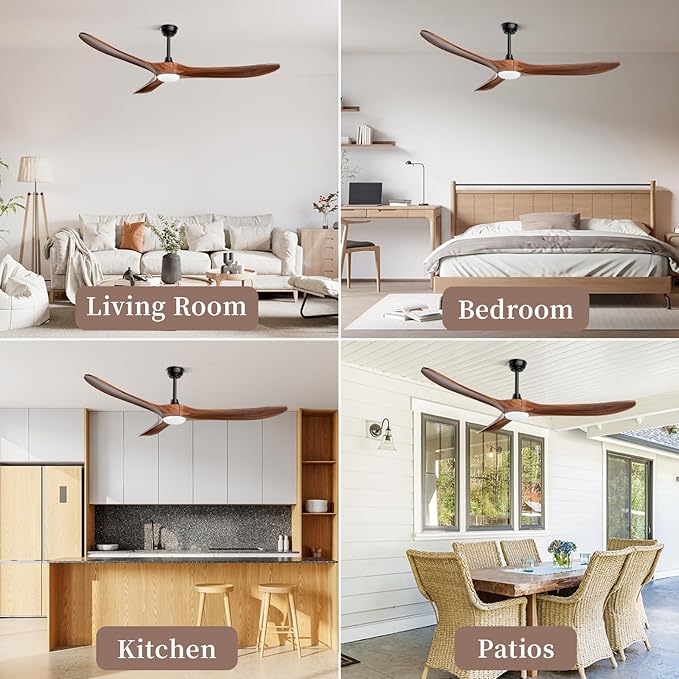 Obabala Ceiling Fans with Lights and Remote, 60inch Outdoor Ceiling Fan 3 Solid Wood Blades Fan with 3 Downrods for Patios, Modern Ceiling Fan with Noiseless Reversible DC Motor (Solid Wood, 60in)