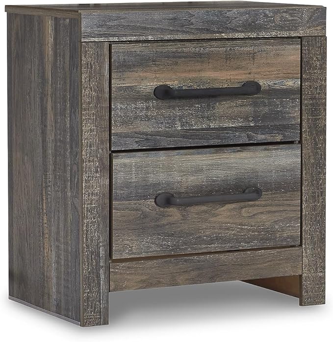 Signature Design by Ashley Drystan Rustic Industrial 2 Drawer Nightstand with 2 Slim-Profile USB Charging Stations, 24.37" Tall, Weatherworn Brown