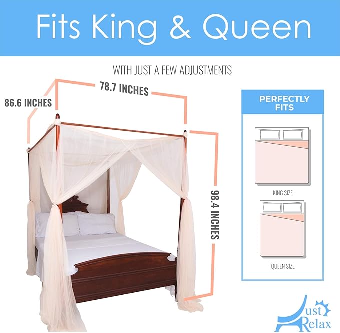 Just Relax Four Corner Post Decorative Elegant Bed Net Canopy Set, Beige, Full/Queen/King, 86.6x78.7x98.4 Inches