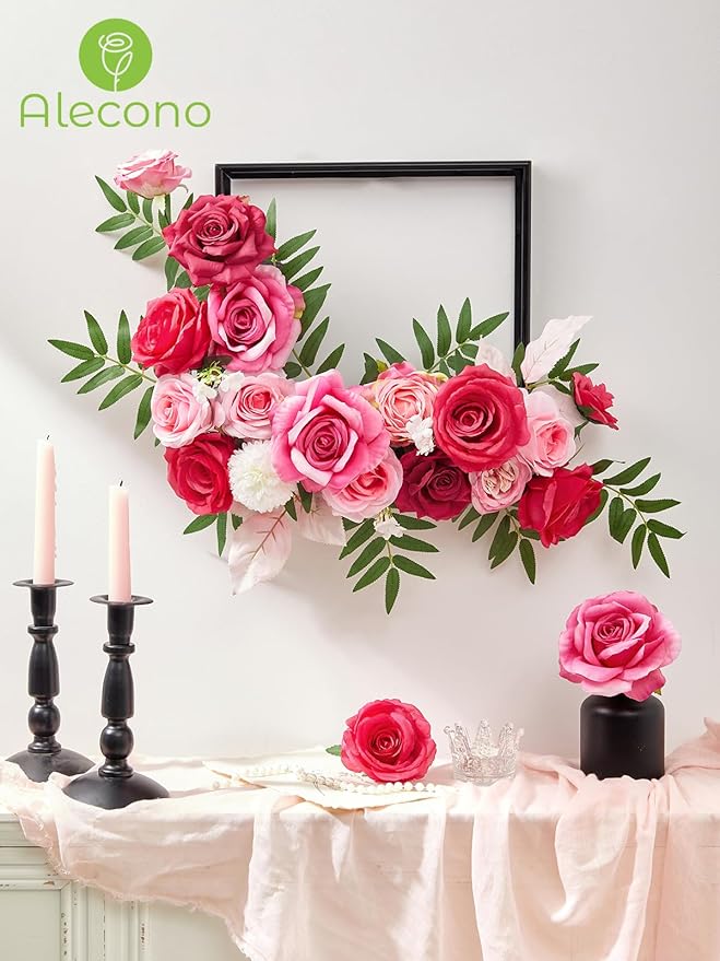 Alecono Artificial Flowers, Hot Pink Fake Flowers Combo Box with Stems for DIY Wedding Bridal Bouquets, Cake Home Decor Indoor Outdoor