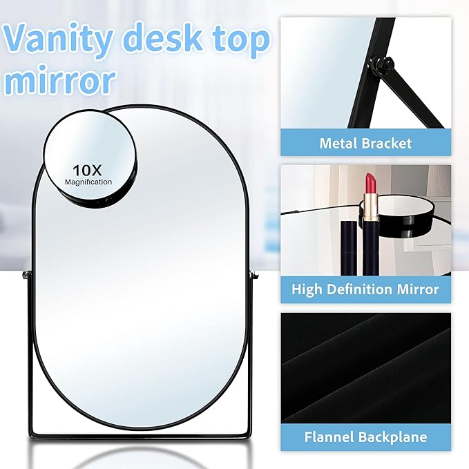 Desk Mirror, Tabletop Vanity Mirror, 360°Adjustable Rotation Vintage Metal Framed Table Mirror with Stand and 10X Magnifying Room for Living Room, Bedroom, Tabletop, Bathroom (Black Oval)