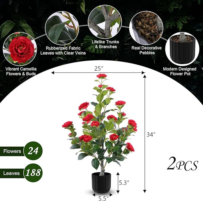 Hananona 2 Pcs Artificial Camellia Trees Faux Camellia Plant in Pot with Flowers Indoor Plants for Spring Home Decor Outdoor Porch Front Door Decor (Red, M)