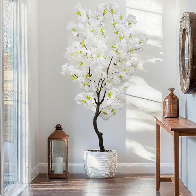 White Faux Cherry Blossoms Tree Artificial Cherry Blossom Tree Bedroom Trees for Home Decor 6FT