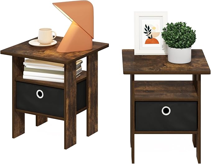 Furinno Andrey Side Table, Set of 2 End Table, Night Stand with Open Shelves and Storage Bin, Bedside Table, for Living Room, Bedroom, Amber Pine