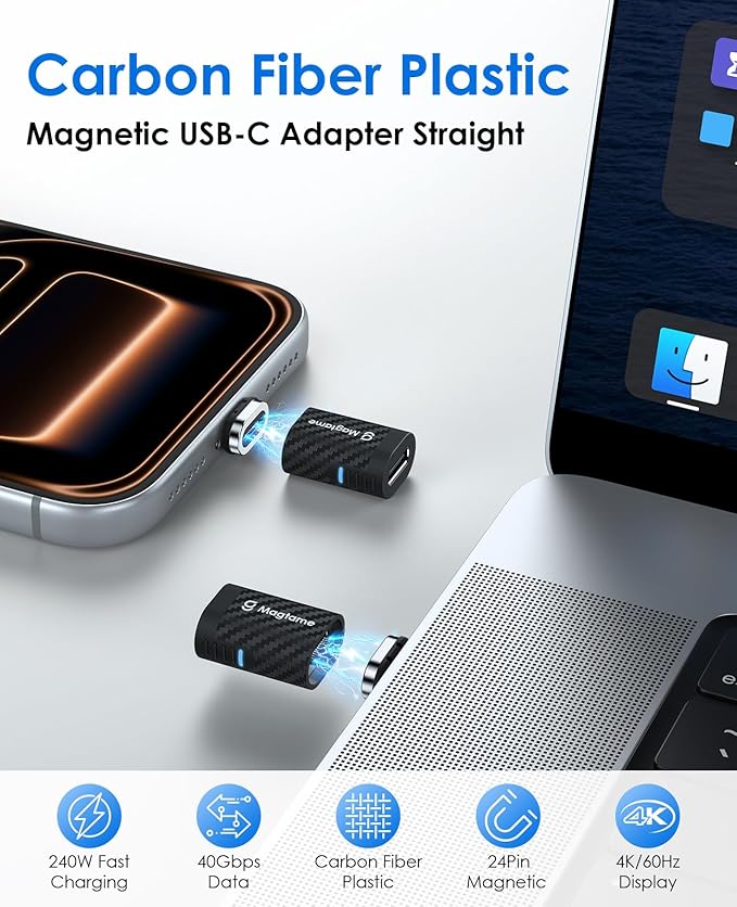 Magtame Magnetic USB C Adapter 24Pin 240W Carbon Fiber Plastic, Straight Type-C Extender with Dust-Proof Design, 40Gbps Fast Charging & 4K Video, Protect Port for Laptop, Tablet, USB3/4, iPhone 17 16
