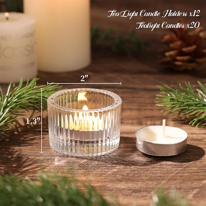 12Pcs Clear Votive Candle Holders with 20pcs Tea Light Candles, Ribbed Tealight Candle Holder Glass for Wedding Table Centerpiece, Home Decor, Party Decor
