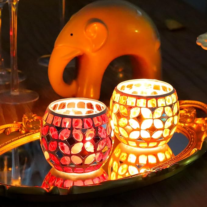 SHMILMH Mosaic Candle Holders Set of 4, Handmade Glass Tealight Votive Holders, Vibrant Red Yellow Blue Green for Diwali Christmas Wedding Party Decor, Year-Round Festive Centerpiece