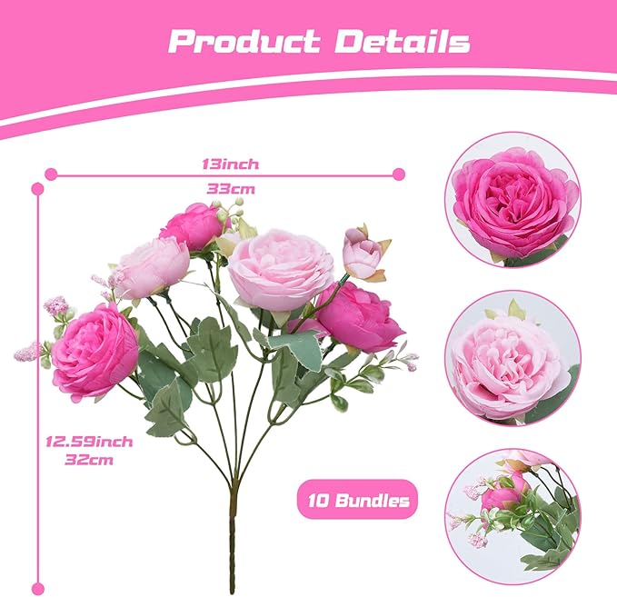 10 Bundles Peonies Artificial Flowers, Pink Silk Peony Flower Bulk Bridesmaid Bouquet for Indoor Home Decor Bedroom Kitchen Office Wedding Party Table Centerpieces