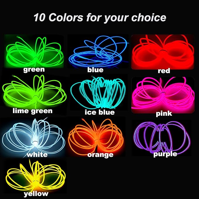 MaxLax EL Wire Blue, 9.8ft/3m Portable Battery Pack Neon Light Strip 360° Cuttable Glowing Rope Lights for Parties, Halloween, DIY Decoration