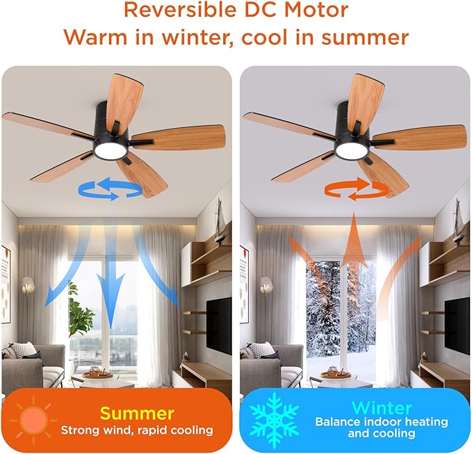 TALOYA 42 inch Ceiling Fans with Lights,Ultra Quite Low Profile Ceiling Fan with Light and Remote Control,Flush Mount, Reversible, Dimmable,Modern Ceiling Fan for Bedroom Kids Room Black