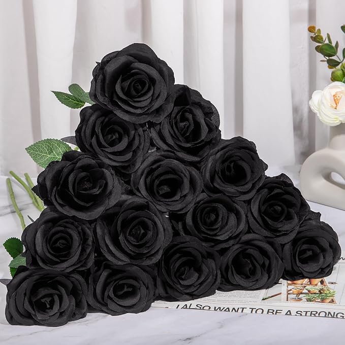 Ouddy Decor 50 Pcs Artificial Black Roses Bulk Realistic Fake Silk Flowers with Long Stems for Fall Halloween Wedding Bridal Bouquet DIY Table Centerpieces Arrangement Valentines Home Decor