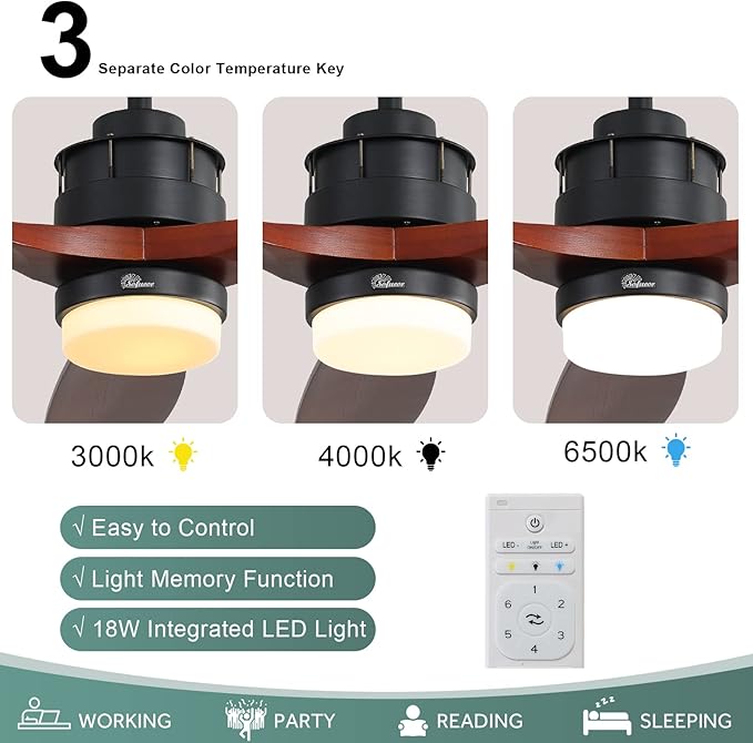 Sofucor Ceiling Fan with Lights, 60 Inch Low Profile Flush Mount Mordern Wood Ceiling Fan with Remote for Indoor Farmhouse Bedroom Living Room Outdoor Patio Porch, Reversible DC Motor, Noiseless